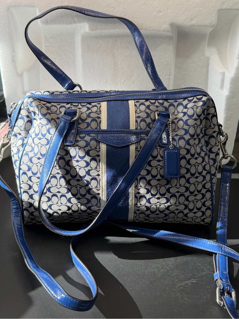 Coach Navy and Cream Signature Canvas Satchel with Stripes